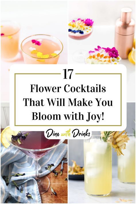 Collage of 4 flower cocktails. Edible Flowers Cocktails, Cocktail With Flowers, Flower Themed Cocktails, Drinks With Edible Flowers, Floral Drinks Edible Flowers, Mocktails Floral, Wildflower Drinks, Flower Mocktails, Cocktails With Flowers