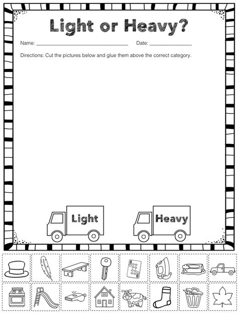 FREE Heavy and Light Sorting Activity Mass Measurement Activities, Heavy Or Light Kindergarten, Weight Measurement Kindergarten, Kindergarten Weight Activities, Measurement Grade 1, Weight Measurement Activities, Comparing Weight Kindergarten, Weight Kindergarten Activities, Measurement Kindergarten Activities