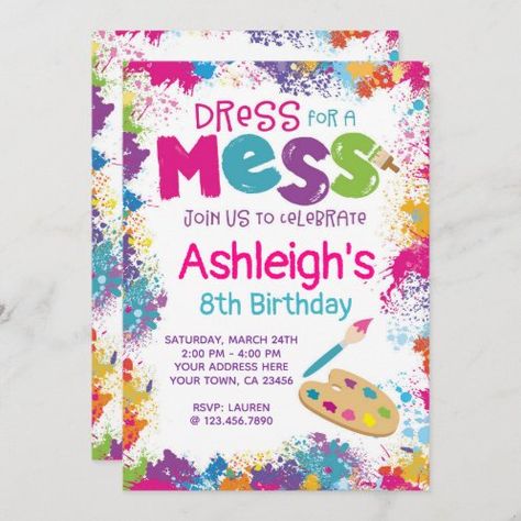 Dress for a Mess Painting Party Art Girl Birthday Invitation | Zazzle Art Birthday Party Invitations, Art Birthday Invitations, Art Themed Party, Painting Birthday Party, Artist Birthday, Birthday Painting, Painting Birthday, Art Birthday Party, Painting Party