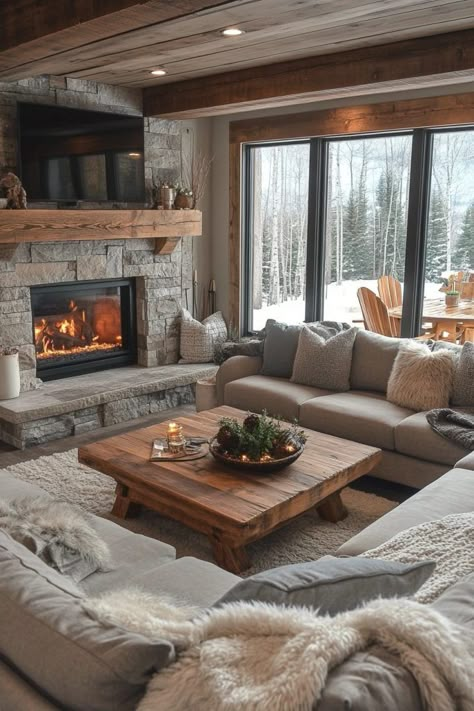 29 Walkout Basement Decor Ideas for a Modern Look 2 Cozy Cottage Basement, Basement Stone Fireplace, Living Room Designs Christmas, Cozy Cabin Basement, Comfortable Home Decor, Cozy Cabin Living Room Ideas, Basement Walkout Ideas, Wood And Stone Interior, Wood Stone Interior