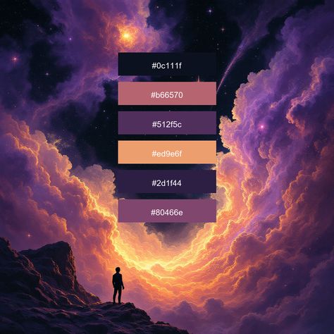 A lone figure stands in awe, gazing at a radiant, swirling nebula of purples, pinks, and oranges. The celestial clouds seem to open up like a portal, illuminating the night sky in a mesmerizing display of cosmic energy and wonder. Tags: #nebula, #cosmicwonder, #stargazing, #purplehues, #awe Nebula Color Palette, Cosmic Colour Palette, Celestial Colour Palette, Cosmic Color Palette, Night Sky Color Palette, Sun Animation, Celestial Color Palette, Space Color Palette, Dreamy Colors