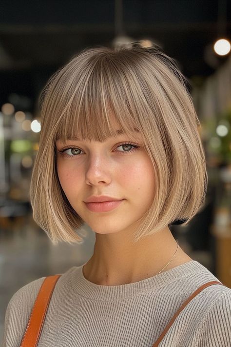 30 Cute Bob Hairstyles with Fringe : Sandy Blonde Bob with Blunt Fringe Choppy Blonde Bob With Fringe, Med Bob With Bangs, Bob Highlights Blonde, Bobs For Straight Hair, Fringed Bob Haircut, Short Straight Haircuts With Bangs, Straight Hair Bob With Bangs, Short Blonde Hair With Bangs Round Face, Short Blonde Haircuts With Bangs