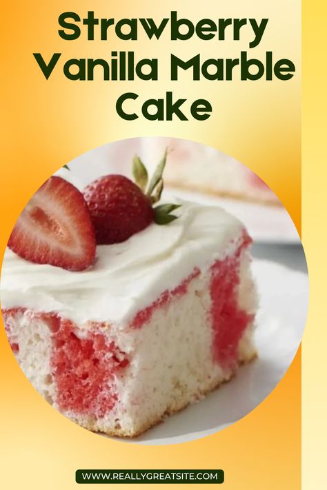 The Strawberry Vanilla Marble Cake features a light, fluffy vanilla cake swirled with vibrant strawberry-flavored batter. The marbled design creates a beautiful, visually striking dessert. Topped with a sweet glaze or frosting, it offers a perfect balance of fruity and creamy flavors in every bite. Vanilla Strawberry Marble Cake, Strawberry Marble Cake Recipes, Strawberry Marble Cake, Strawberry Swirl Cake, Vanilla Cake With Strawberry Filling, Fluffy Vanilla Cake, Strawberry Cake Filling, Strawberry Vanilla Cake, Marble Cake Recipes