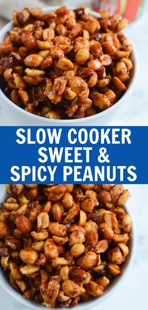 Slow Cooker Sweet and Spicy Peanuts is an easy and delicious party snack! Peanuts cooked in butter, brown sugar, sriracha, and chili powder. They are addictive and everyone will be asking for the recipe! Spicy Boiled Peanuts Recipe Crockpot, Spiced Peanuts Recipes, Seasoned Peanuts Recipes, Hot Peanuts Recipe, Raw Peanuts Recipes, Spicy Peanuts Recipe, Peanut Butter Chili, Crockpot Snacks, Tv Snacks