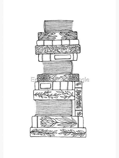 "Black and White Floral Book Stack" Spiral Notebook by gentlecounsel | Redbubble Book Stacks Aesthetic Drawing, Book Stack Clipart, Black And White Book Wallpaper, Book Stack Drawing Easy, Book Themed Coloring Pages, Books On Shelves Drawing, Stack Of Book Tattoo, Floral Sketches Design, Stack Of Books Painting