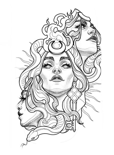 Woman Tattoo Drawing, Hekate Tattoo Design, Hekate Drawing, Hecate Drawing, Hekate Tattoo Triple Goddess, Hecate Tattoo Design, Greek Mythology Design, Medusa Back Tattoo, Greek Mythology Drawings