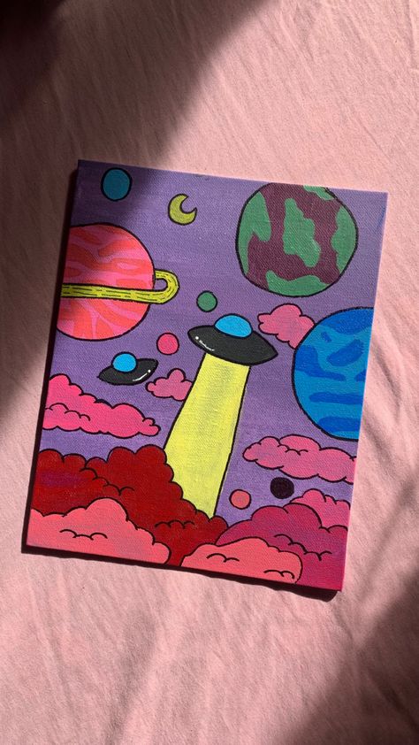 Planet Painting Aesthetic, Spaceship Painting Canvas, Galaxy Art Painting Easy, Spaceship Painting Easy, Painting Ideas Planets, Planet Painting Ideas, Alien Painting Easy, Alien Painting Ideas, Planet Drawing Art