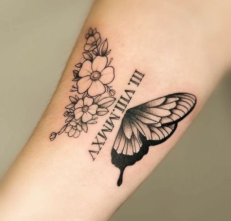 Memorial Tattoo Of Butterfly And Flowers Tattoo With Roman Numerals, Butterfly Memorial Tattoo, Tattoos For Passed Loved Ones, Date Flowers, Memorial Tattoos Mom, Baby Memorial Tattoos, Tattoos For Dad Memorial, Memorial Tattoo Ideas, Memorial Tattoo Designs