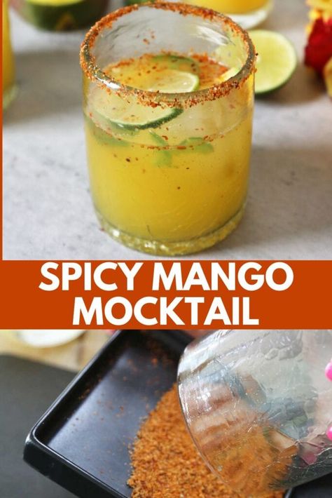 Mango Tajin Drink, Spicy Mango Cocktail, Non Alcoholic Spicy Margarita, Spicy Margarita Mocktail Non Alcoholic, Mocktail With Tajin, Mango Margarita Mocktail, Virgin Spicy Margarita, Mango Mocktail Recipe, Spicy Mocktail Recipe