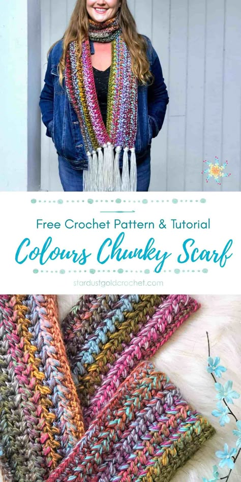 Colours Chunky Scarf |Fringed | Free Crochet Pattern Video Tutorial – Stardust Gold Crochet Chunky Scarf Pattern, Free Crochet Scarf, Cowl Patterns, Chunky Crochet Scarf, Scarves Crochet, Gold Crochet, Super Scarf, Fast Crochet, Crochet Scarf Pattern