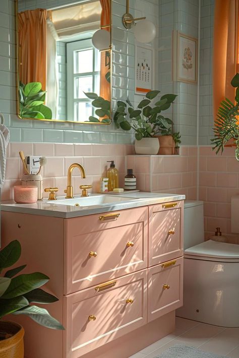 Mid Century Pink Bathroom, Pink And Green Bathroom Ideas, Retro Modern Bathroom, Mid Century Modern Powder Room, Midcentury Bathroom Design, 70s Bathroom Aesthetic, Eclectic Bathrooms, Lesbian House, Bathroom Mid Century Modern