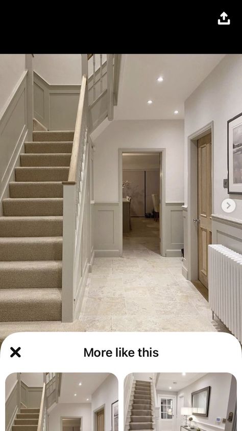 Hall Stairs And Landing Decor Panelling, Dado Rail Hallway Panelling, Hallway Ideas With Dado Rail, Dado Rail Stairs, Taupe Staircase, Panneling Rooms Hallway, Entrance Hall Flooring Ideas, Hallway Dado Rail, Hall Stairs And Landing Panelling