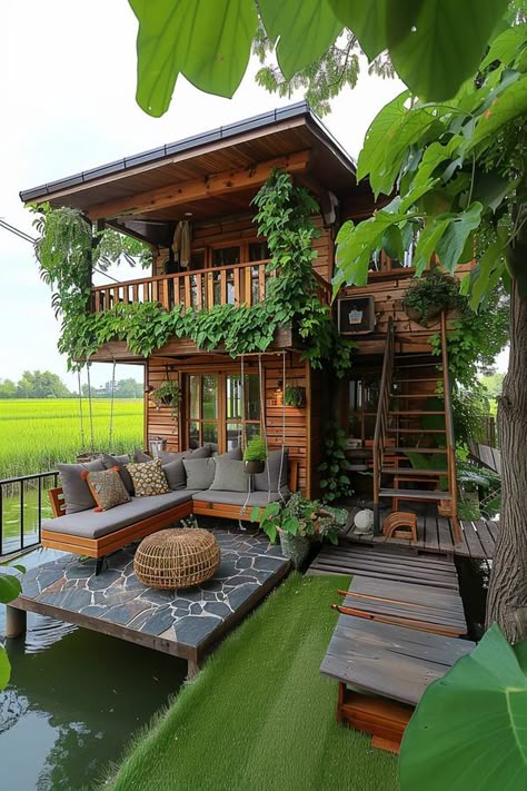 Tiny House Comfort Modern Bahay Kubo, Adult Tree House, Tropical House Design, Tiny House Exterior, Tiny House Luxury, House Interior Design Styles, Hippie Lifestyle, Rest House, Modern Tiny House