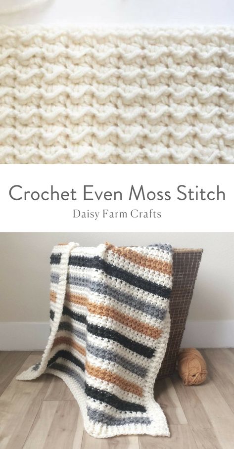 Crochet Even Moss Stitch, Even Moss Stitch, Moss Stitch Blanket, Moss Stitch Pattern, Stitch Blanket, Crochet Afgans, Super Chunky Yarn, Crochet Daisy, Crochet Stitches For Beginners