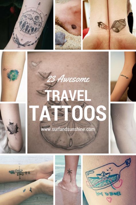 From clean and simple to completely innovative, here are 23 Inspiring #Travel #Tattoo Ideas via @jeanabeena Travel Tattoo Ideas, Travel Tattoos, Small Quote Tattoos, Omerta Tattoo, Small Tattoos With Meaning, Theme Tattoo, Back Of Shoulder Tattoo, Tattoos Geometric, Small Quotes