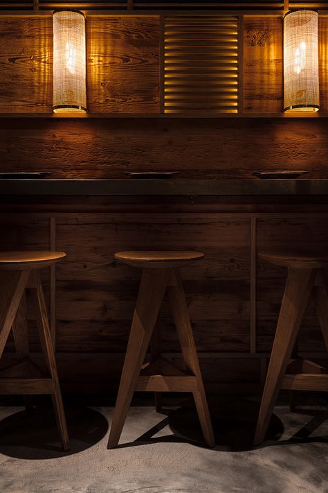 Banquette Table, Japanese Restaurant Interior, Sake Bar, Bamboo Panels, Green Facade, Campaign Furniture, Night Owls, Bar Interior, The Crossroads