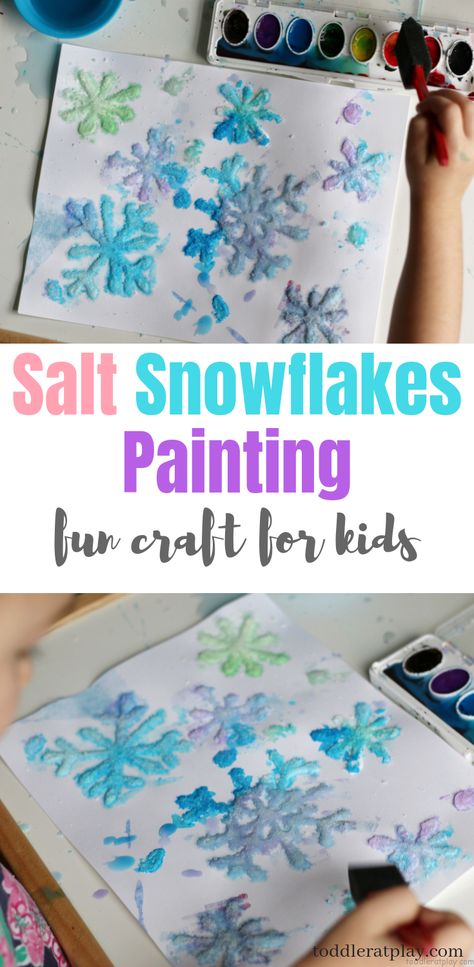 Salt Snowflakes Painting Craft (VIDEO) - Toddler at Play Magic Salt And Watercolor Snowflake, If Snow Came Down In Colors, Salt Snowflakes, Kid Craft Ideas, Snowflake Painting, Painting Ideas For Kids, Snow Crafts, Winter Crafts Preschool, January Crafts