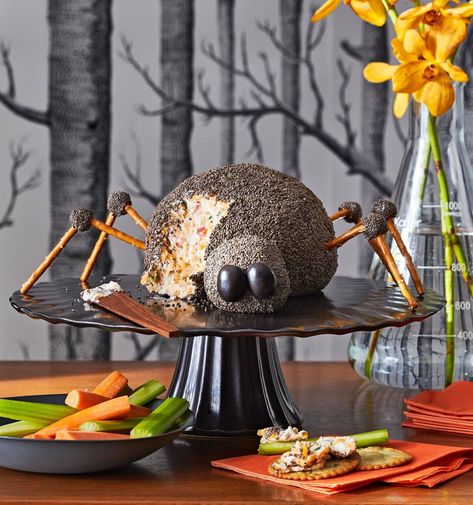 Cheeseballs For Halloween, Cheese Ball Halloween Ideas, Monster Cheese Ball, Halloween Spiders Food, Spider Dip Halloween, Halloween Cheese Ball Ideas, Halloween Cheeseball Recipes, Severed Hand Cheese Ball, Creepy Foods For Halloween Party