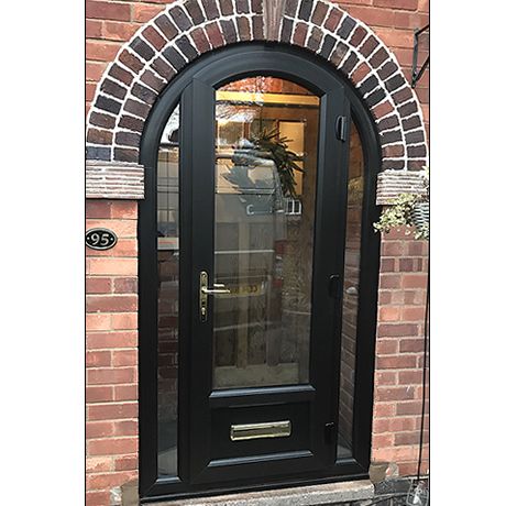 Arched porch entrance in all Black profile installed in Solihull by Solihull WDC the premier supplier of PVCu and composite doors, aluminium bi-folding doors, sliding patio and French doors .... Fold Door Ideas, Folding Door Design, Arched Exterior Doors, Front Doors Uk, Arched Front Door, French Doors Bedroom, Bi Fold Doors, Double Door Entryway, Glass Porch