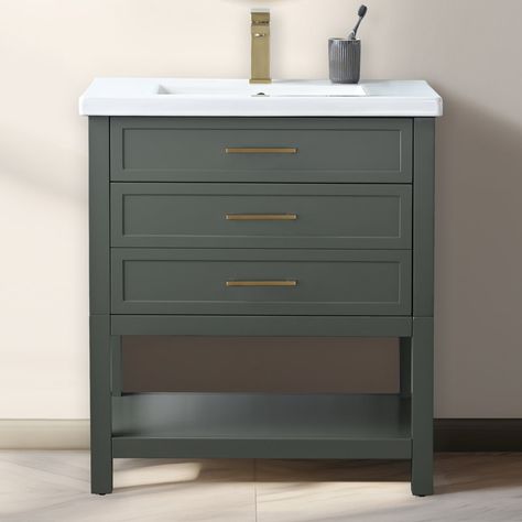 Mercury Row® Vicini 30'' Single Vanity with Ceramic Top & Reviews - Wayfair Canada Green Vanity Bathroom, 30 Inch Vanity, 30 Inch Bathroom Vanity, 30 Vanity, Transitional Vanity, Floor Bathroom, Steam Shower, Brushed Nickel Hardware, Kitchen Sale