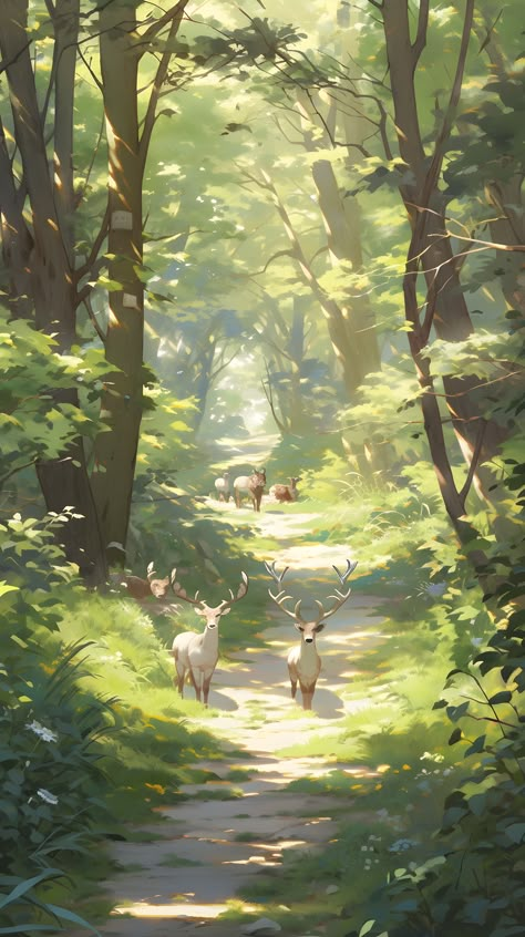 Forest Asthetic Drawings, Illustration Art Forest, Deer Phone Wallpaper, Cute Forest Background, Forest Art Aesthetic, Character In Forest, Fantasy Inspiration Scenery, Cute Forest Wallpaper, Forest Aesthetic Art