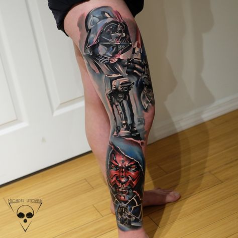 Starwars Tattoo New York Tattoo Convention - made by Michael Litovkin Star Wars Leg Tattoo, Japanese Tattoo Koi, Tattoo New York, Vader Tattoo, Star Wars Tattoo Sleeve, Darth Vader Tattoo, Fandom Tattoos, Avengers Tattoo, Tattoo New