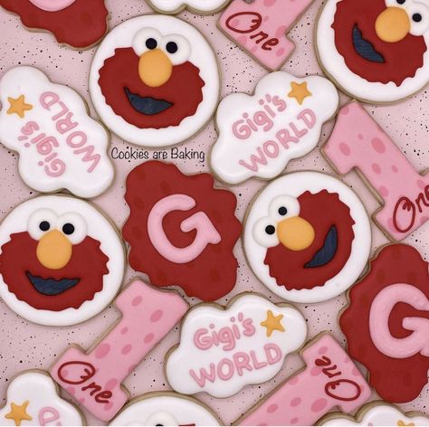 Simple Elmo Birthday Party, Girly Elmo Birthday Cake, Elmo’s World First Birthday, Elmo Birthday Cookies, Elmo’s First Birthday, Elmo Cookies 1st Birthday, Elmo's World Birthday Party Ideas, Elmo Abby Birthday Party Girly, Sesame Street 1st Birthday Party Girl