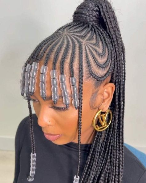 Style Beaded Bangs Hairstyle, Cornrow Hairstyles With Bangs, Beaded Braids With Bangs, Cornrow With Bangs, Bangs Braided Hairstyles, Braids With Bangs And Beads, Stitch Braids With Bangs, Braided Bangs Hairstyles For Black Women, Braid Bangs Hairstyles