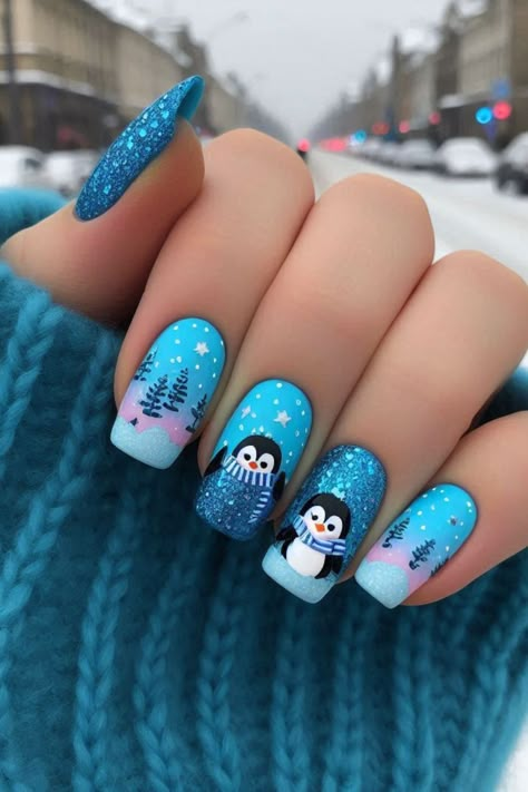 Blue Nail Designs Christmas, December Nail Art Designs, Christmas Nails Fun, Christmas Nail Designs 2024, Christmas Nail Designs Purple, Teal Christmas Nails, Blue Nail Christmas Design, Christmas Nail Ideas Winter, Christmas Nails Purple