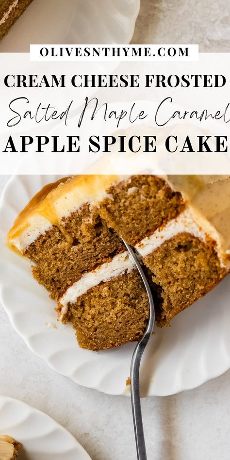 A layered spice cake filled with caramelized apples. Topped with a brown butter cream cheese buttercream and salted maple caramel. Fall Cakes Flavors, Apple Spiced Cake, Spice Apple Cake, Spiced Cake Recipes, November Cake, Chai Spice Cake, Zoe Recipes, Caramel Apple Spice Cake, Spiced Apple Cake