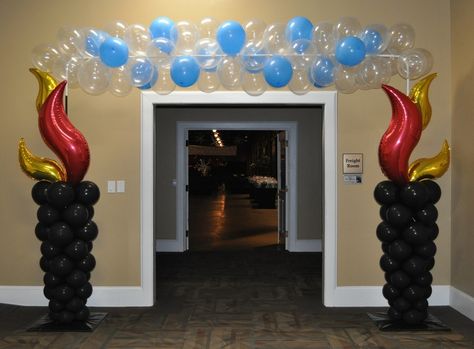 Fire And Ice Themed Party, Fire And Ice Balloon Arch, Fire And Ice Party Decorations, Fire And Ice Decorations, Fire And Ice Party Theme, Prom Balloons, Earth Wind Fire Water, Balloon Dance, Balloon Clusters