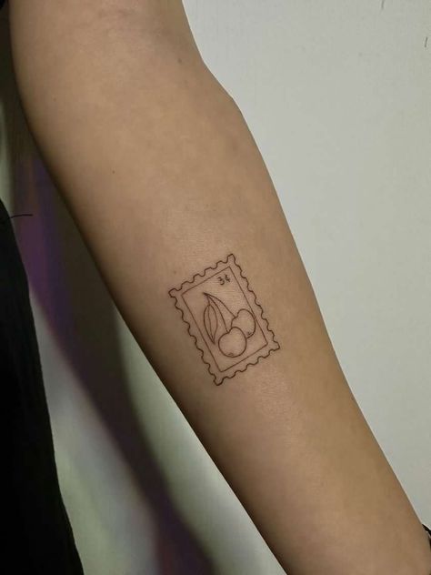 Silly Fine Line Tattoo, Cherry Tattoo Wrist, Cool Cherry Tattoo, Cherry Postage Stamp Tattoo, Stamp Tattoo Cherry, Harry Styles Stamp Tattoo, Harry Styles Cherry Tattoo, Cherry Stamp Tattoo, Disco Cherry Tattoo