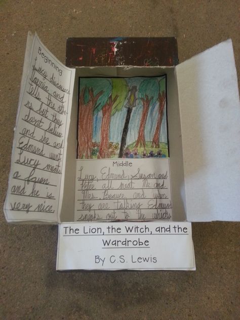 A book report box project for The Lion, The Witch, and the Wardrobe by C.S. Lewis. The closed box looks like a wardrobe. I am making the template available for free on TeacherPayTeachers; I'll pin that when it clears! Lion Witch And The Wardrobe Activities, Lion Witch Wardrobe, Social Studies Education, Library Skills, Book Report, Chronicles Of Narnia, Book Study, Famous Books, Novel Studies