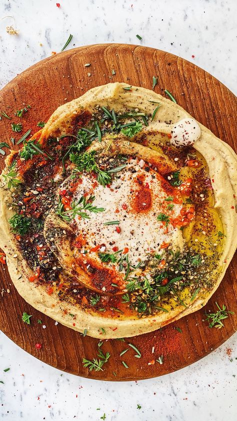 Carolina Gelen on Instagram: “HUMMUS PLATTER, one of my favorite foods to style, this hummus is topped with fresh herbs, tahini, lots of spices, fresh chili and olive…” Hummus Platter Presentation, Hummus Garnish, Snacks Vegetarian, Party Boards, Hummus Platter, Hummus Recipe Homemade, Platter Ideas, Lykke Li, Mediterranean Kitchen