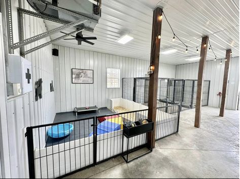 Dog Areas In Garage, Dog Breeding Room Ideas, Garage Ideas For Dogs, Animal Rescue Building Ideas, Dog Basement Ideas, Puppy Garage Set Up, In Home Boarding Kennel, Dog Set Up In Garage, I’m Home Dog Boarding