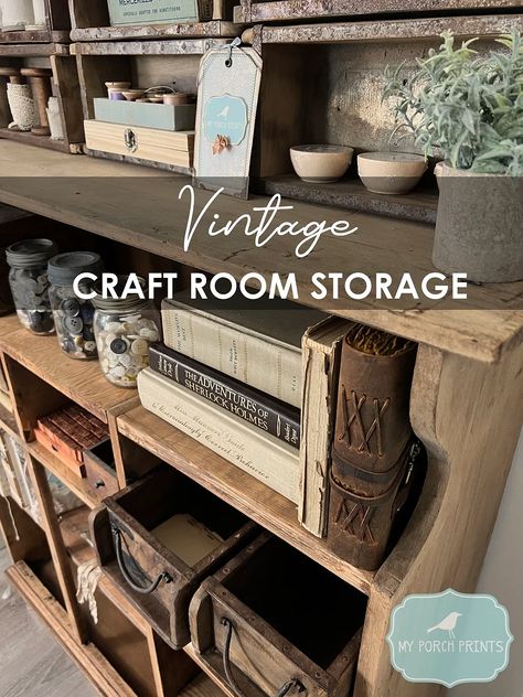 Hobby Room Storage, Craft Room Work Stations, Rustic Craft Room Farmhouse Style, Workshop Craft Room, Antique Storage Ideas, Art Supply Storage Ideas Diy, Vintage Art Studio Ideas, Farmhouse Sewing Room Ideas, Unique Craft Room Ideas