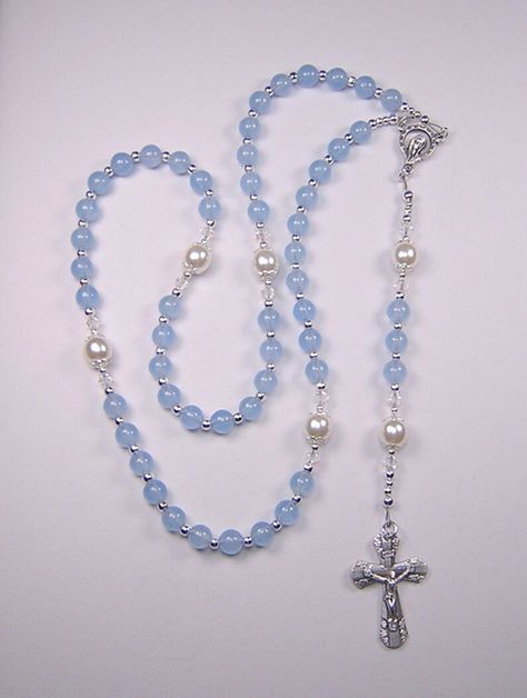 Girls Blue Jade 16 1/4 Rosary Catholic Genuine Sky Blue Jade & White Czech Pearl Beads Chica Católico Rosario Free Shipping USA - Etsy Canada Rosary Ideas, Blue Rosary, Rosary Jewelry, Beads Rosary, Pearl Rosary, Blue Jade, Rosary Beads Catholic, Rosary Catholic, Seashell Crafts