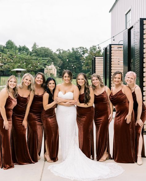 Our favorite fall/winter trend - velvet bridesmaid dresses 🤍 #MarmarosProductions Fall Bridesmaid Dresses Velvet, October Velvet Bridesmaid Dresses, Brown Copper Bridesmaid Dress, Velvet Brown Bridesmaid Dresses, Champagne Bridesmaid Dresses Fall Wedding, Velvet And Silk Bridesmaid Dresses, Chocolate Brown Velvet Dress, Copper Velvet Bridesmaid Dresses, Fall Velvet Bridesmaid Dresses