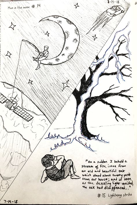 Drawing Prompt #14 Man in the Moon & Drawing Prompt #15 Lightning Strike | by Jonathan McDaniel, follow on Instagram @jon_draws_things Lightning Strike Drawing, Jonathan Mcdaniel, 300 Drawing Prompts, The Moon Drawing, Man In The Moon, Drawing Prompts, Lightning Strike, Moon Drawing, In The Moon