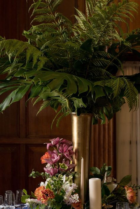 Ferns On Pedestals Wedding, Fern Tablescape, Tall Vases Palm Leaves Wedding Tables, Large Palm Leaves In Vase, Art Deco Wedding Centerpieces, Tall Tropical Floral Arrangements, Floor Vase Palm, Tall Gold Vase, Fern Centerpiece