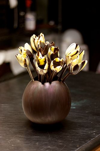 Chocolate egg vase with chocolate tulips. All edible. | Flickr Chocolate Centrepiece, Chocolate Tulips, Bunny Accessories, Chocolate Sculpture, Chocolate Showpiece, Coconut Hot Chocolate, Coconut Drink, Chocolate Creations, Chocolate Sculptures