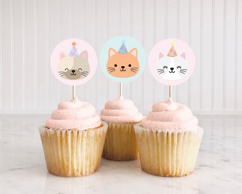 Cat Party Cupcakes, Cat Cupcake Toppers, Cat Themed Party, Cupcake Cat, Paw Cake, Pet Adoption Party, Cupcake Toppers Template, Cat Themed Parties, Cat Cake Topper