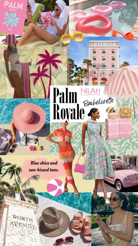 This is your sign to have your bachelorette party in Palm Beach, FL! Palm Spring Theme Party, Palm Royale Party Outfit, West Palm Bachelorette Party, Beverly Hills Bachelorette Party, Beach Club Bachelorette Theme, Palm Royale Bachelorette, Pink Beach Bachelorette Party, Bachlerotte Ideas, West Palm Beach Bachelorette Party