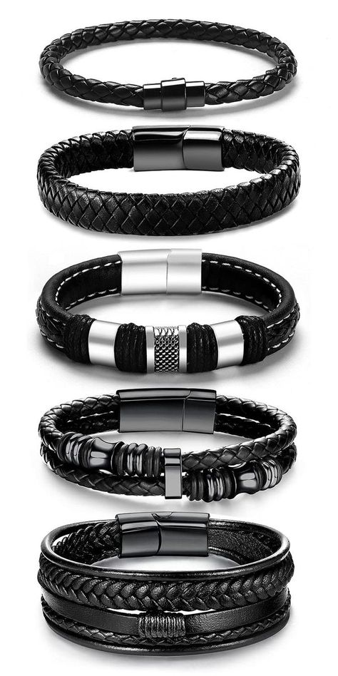 Black Leather Bracelets for Men Women 5pcs Mens Bracelet Leather and Steel Magnetic Braided Cuff Bracelets Men's Bracelets Black, Cool Bracelets For Guys Men's Jewelry, Black Ring For Men Style, Mens Bracelet Leather, Black Mens Bracelet, Men S Bracelet, Hand Accessories Men, Black Mens Jewelry, Assesories For Men