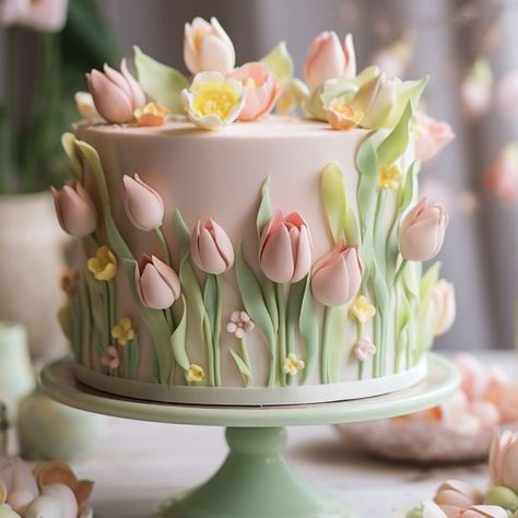 Spring Birthday Cake Ideas, Tulip Cake Design, Tulip Cake Ideas, Tulip Theme, Tulip Cake, Tulip Decor, Unique Birthday Cakes, Cake Piping, Bow Cakes