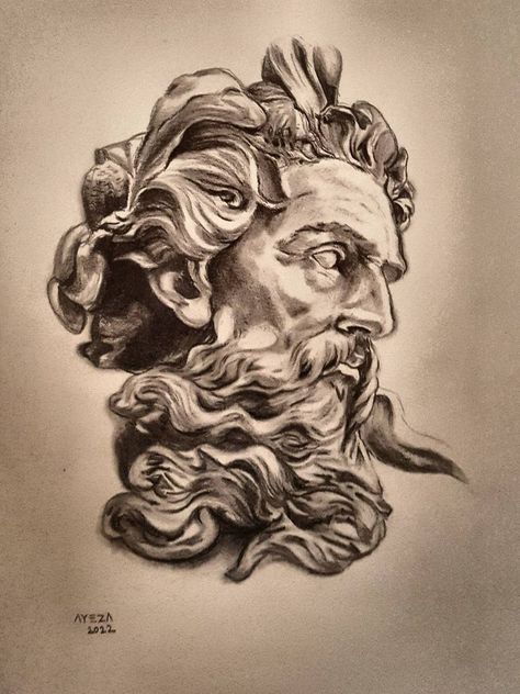 Original realism drawing by Ayeza Nadeem (Pakistan). This one-of-a-kind chalk on paper drawing measures 12W x 17 H inches. The portrait drawing ships in a tube directly from the artist's studio and is covered by the 14-day satisfaction guarantee from Saatchi Art, so you can buy with confidence. Pencil Sketches Of Gods, Greek Art Sketch, Greek Mythology Sketches Drawings, God Charcoal Drawing, Greek Art Drawing, Greek Statue Sketch, Greek God Sketch Pencil, Drawing Sculpture Greek, Greek Mythology Drawings