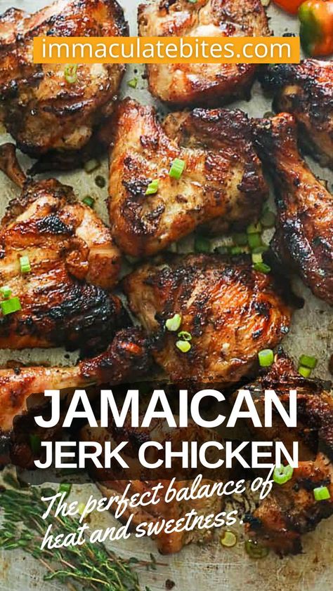 Amazingly tender, moist, and juicy caribbean, Jamaican chicken bursting with savory flavors on every bite.  No complicated cooking method for this jerk chicken dish - you’ll want to make this all year round! For more easy to make chicken recipes plus meal planning ideas, hop on to immaculatebites blog! 😉 Jamaican Dinner, Authentic Jamaican Jerk Chicken, Easy Jerk Chicken Recipe, Jamaican Jerk Chicken Recipe, Jerk Chicken Marinade, Jerk Recipe, Jamaican Chicken, Jerk Chicken Recipe, Jamaican Jerk Chicken