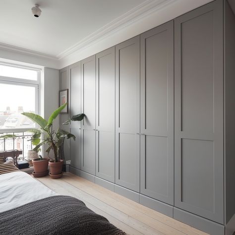 Grey Closet Bedroom, Grey Fitted Wardrobes Bedroom, Bedroom Cupboard Sliding Doors, Long Wardrobe Design, Built In Wardrobe Around Bed, Moody Closet, Built In Wardrobe Ideas Layout, Fitted Wardrobe Ideas, Wardrobe Layout