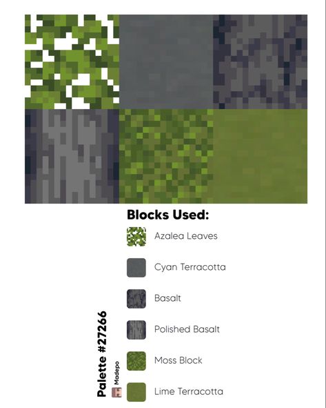 Minecraft block palette using azalea leaves, cyan terracotta, basalt, polish basalt, moss block, and lime terracotta. Green and gray palette, #minecraft #mcyt #tiktok #aesthetic #minecraftbuildingideas #minecraftbuild #minecraftaesthetic How To Make Green Dye In Minecraft, Minecraft Green Color Palette, Minecraft Green Palette, Minecraft Green Block Palette, Best Minecraft Block Combinations, Aesthetic Minecraft Block Combinations, Minecraft Deep Slate Palette, Minecraft Houses Green, Minecraft Jungle Block Pallete