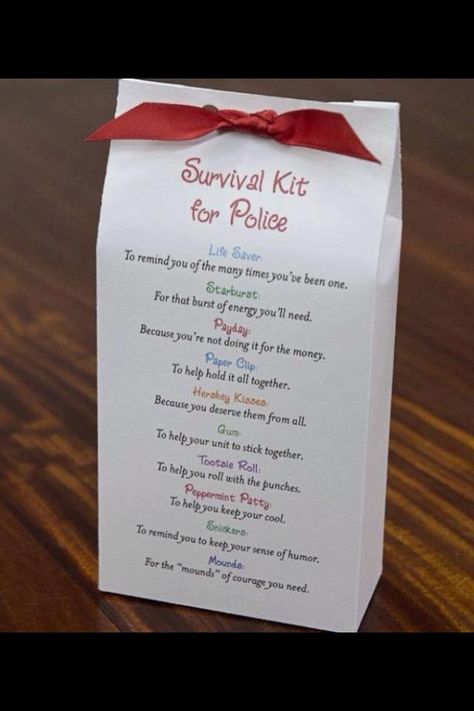 Nice little gift to show appreciation for police officers you know. This would make a great project for elementary school kids to give  officers in their community. Secretary's Day, Wire Whisk, Nurses Day, Staff Appreciation, Service Projects, Hershey Kisses, Employee Appreciation, Survival Tips, Survival Kit